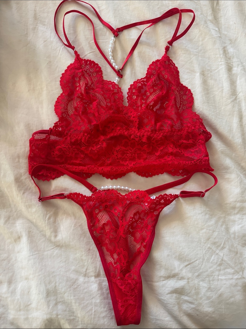 Red Lace Bralette & Thong Set - Women's Intimates